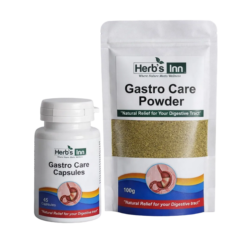 Herb's Inn Gastro Care Powder package and Capsules on a gray background